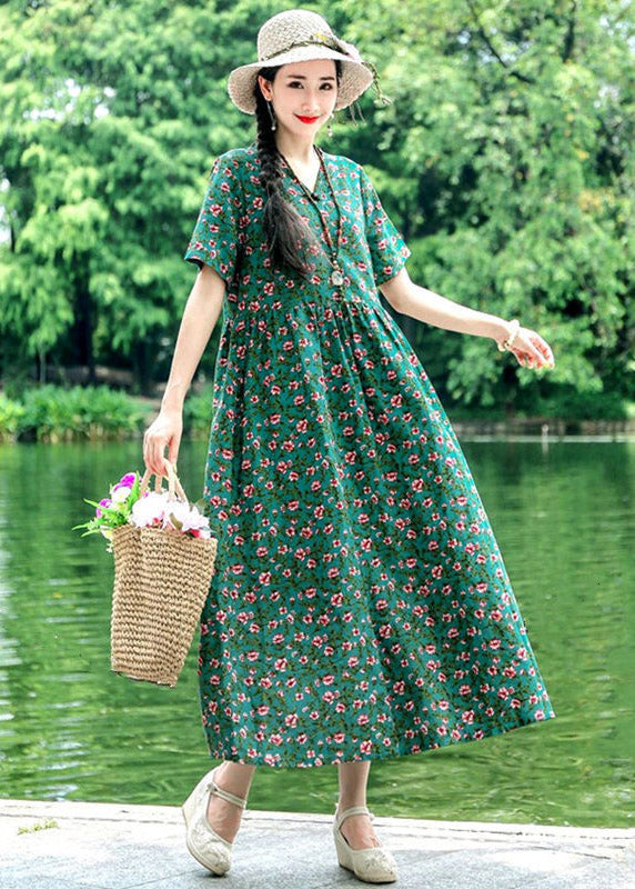 Style Blackish Green O-Neck Print Wrinkled Linen Dress Short Sleeve