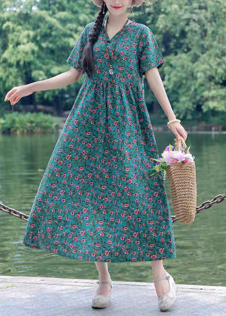 Style Blackish Green O-Neck Print Wrinkled Linen Dress Short Sleeve