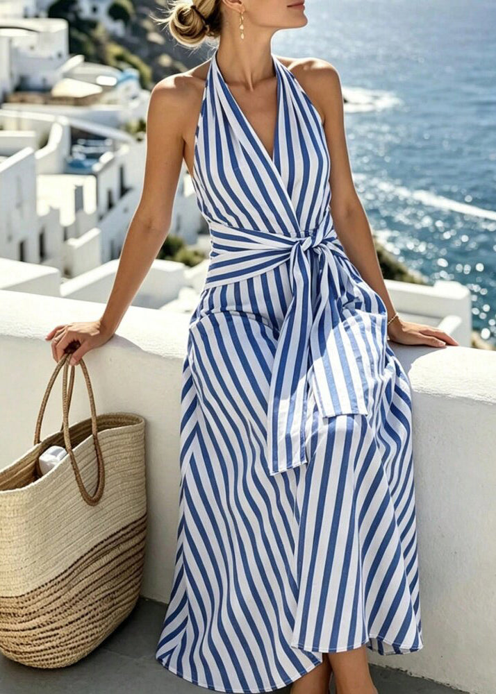 Style Blue Backless Striped Cotton Hatle Dresses Summer