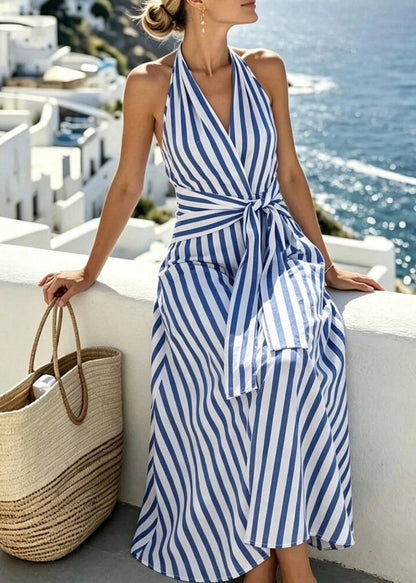 Style Blue Backless Striped Cotton Hatle Dresses Summer