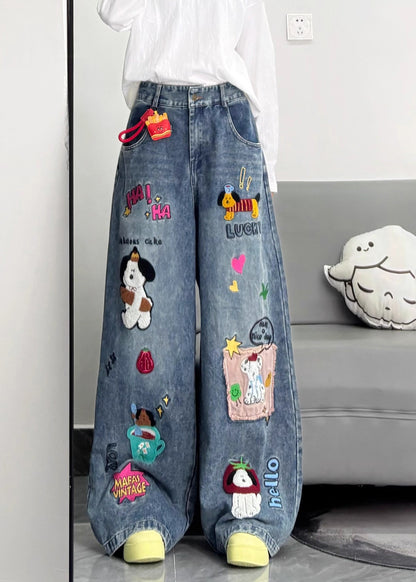 Style Blue Embroidered Patchwork Dog Applique Denim Straight Pants Spring
