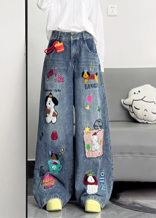 Style Blue Embroidered Patchwork Dog Applique Denim Straight Pants Spring