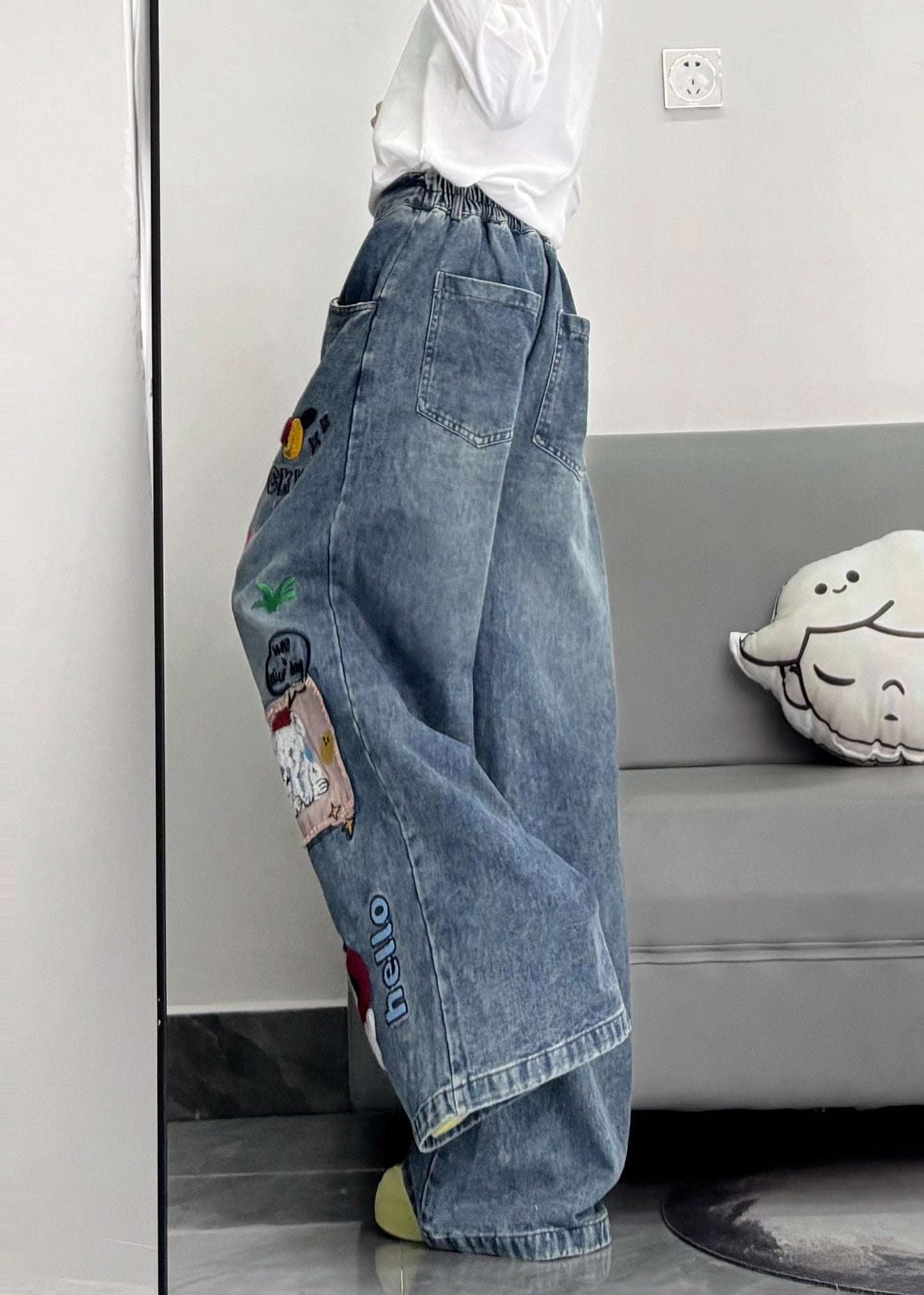 Style Blue Embroidered Patchwork Dog Applique Denim Straight Pants Spring