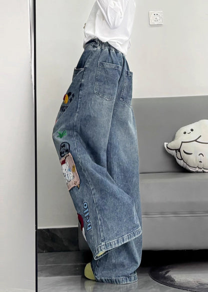 Style Blue Embroidered Patchwork Dog Applique Denim Straight Pants Spring