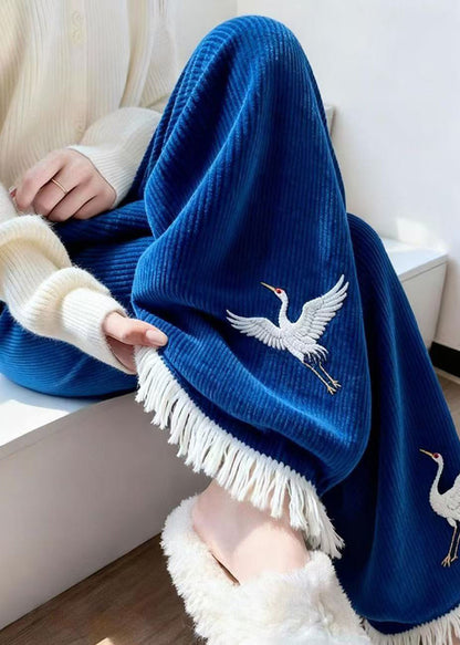 Style Blue Embroidered Tasseled Knit Wide Leg Pants Winter