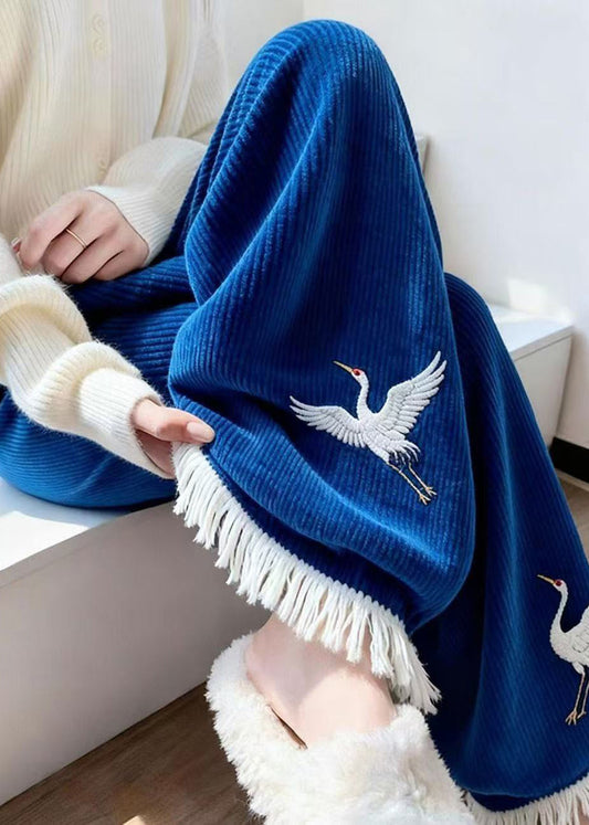 Style Blue Embroidered Tasseled Knit Wide Leg Pants Winter