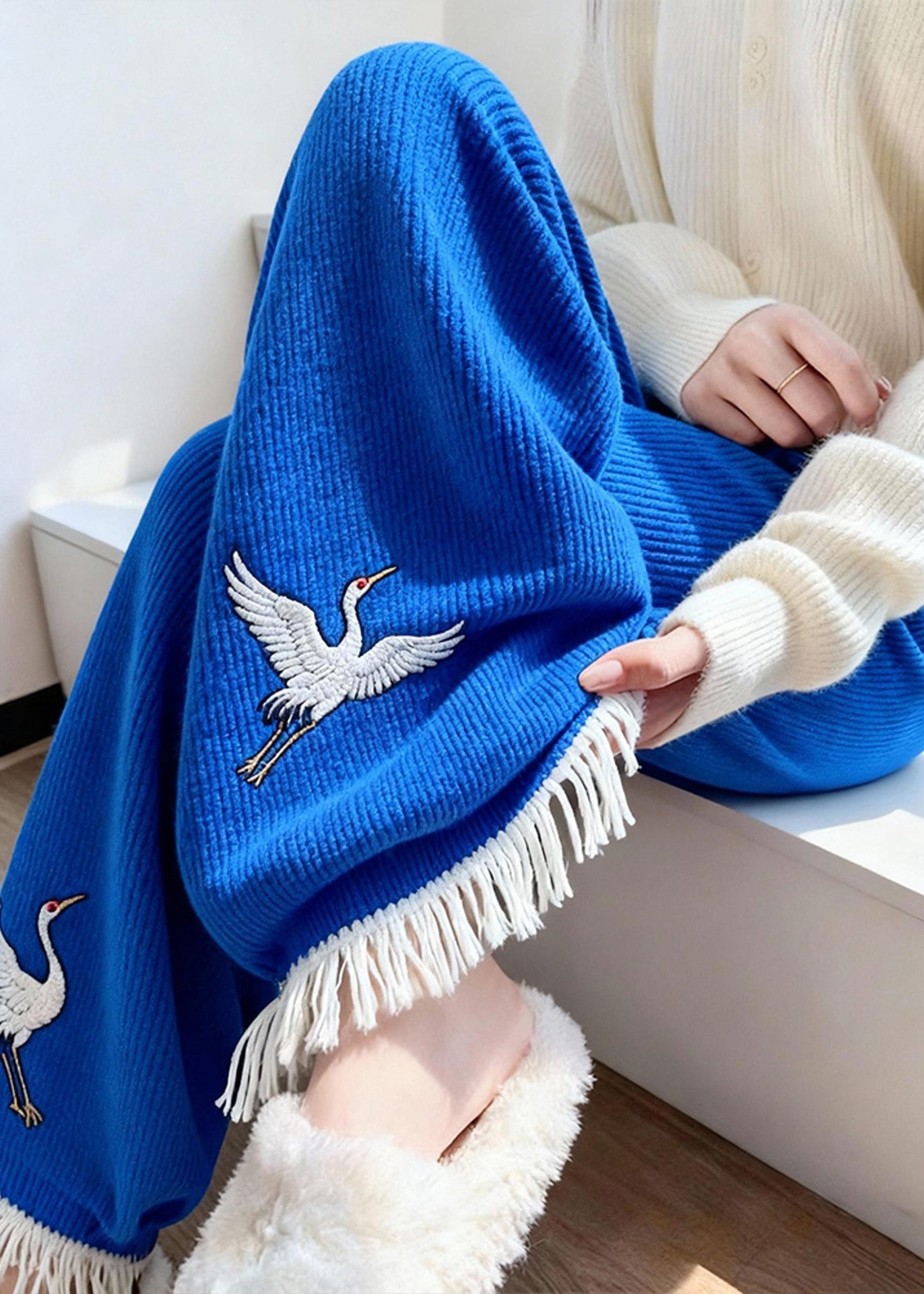 Style Blue Embroidered Tasseled Knit Wide Leg Pants Winter