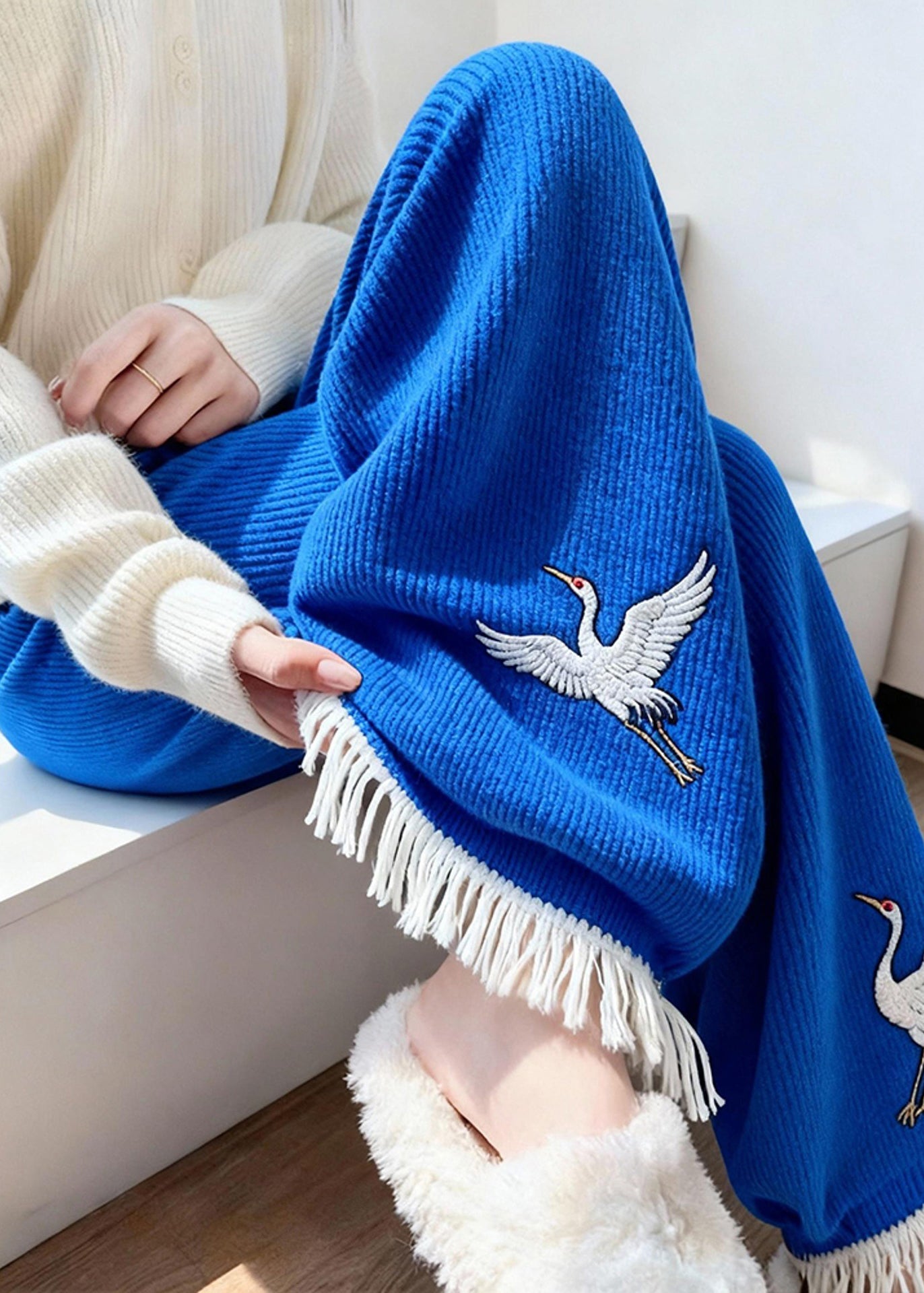 Style Blue Embroidered Tasseled Knit Wide Leg Pants Winter