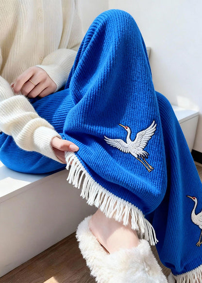 Style Blue Embroidered Tasseled Knit Wide Leg Pants Winter