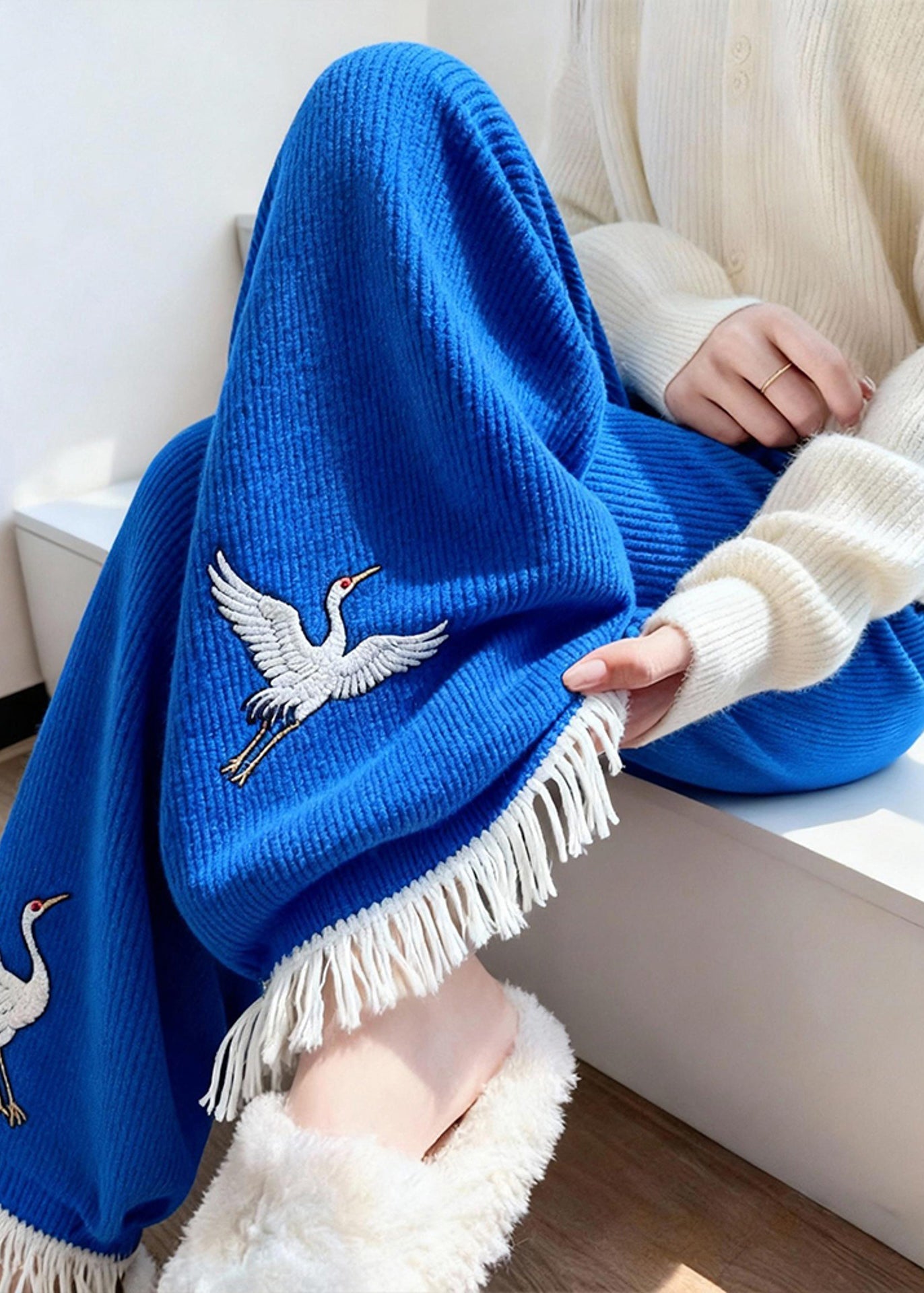 Style Blue Embroidered Tasseled Knit Wide Leg Pants Winter