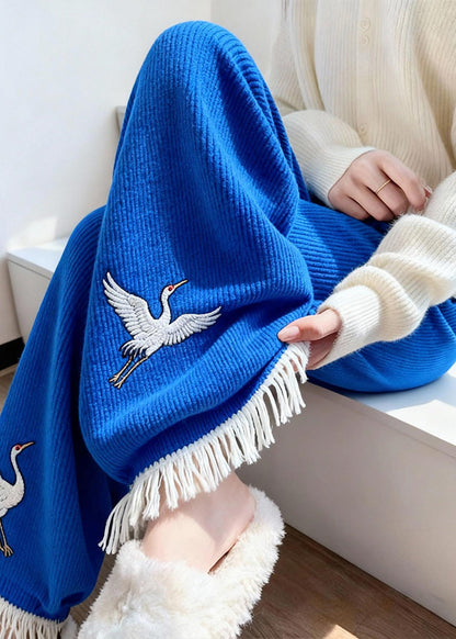 Style Blue Embroidered Tasseled Knit Wide Leg Pants Winter