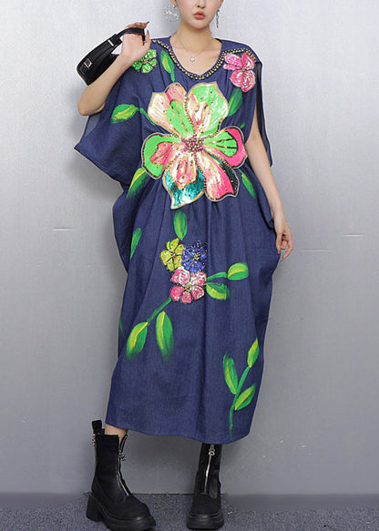 Style Blue Floral Nail Bead Denim Holiday Dress Summer