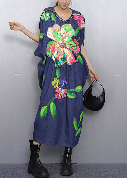 Style Blue Floral Nail Bead Denim Holiday Dress Summer