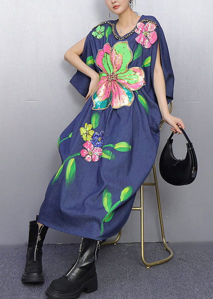 Style Blue Floral Nail Bead Denim Holiday Dress Summer