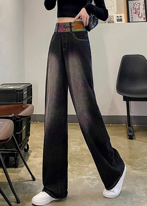 Style Blue High Waist Patchwork Denim Straight Pants Spring