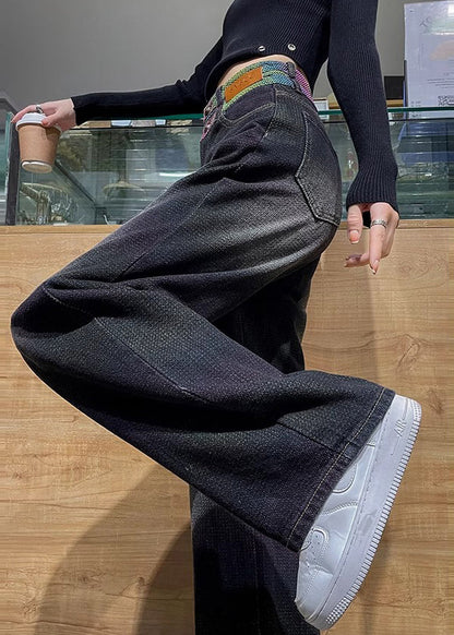 Style Blue High Waist Patchwork Denim Straight Pants Spring