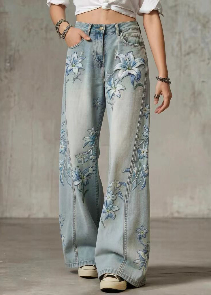 Style Blue High Waist Print Denim Straight Pants Spring