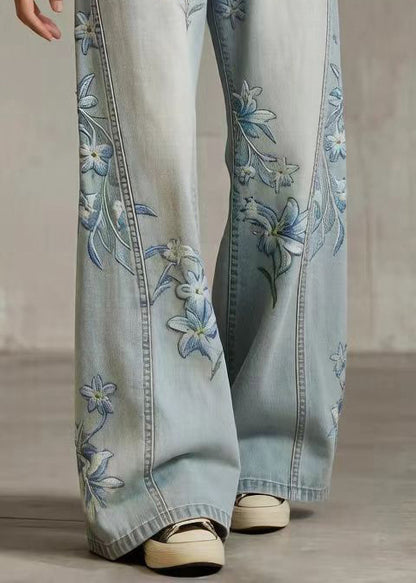 Style Blue High Waist Print Denim Straight Pants Spring