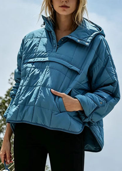 Style Blue Hooded Pullover Quilted Side Open Cotton Filled Puffer Jacket Winter