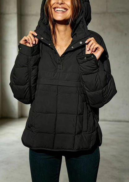 Style Blue Hooded Pullover Quilted Side Open Cotton Filled Puffer Jacket Winter