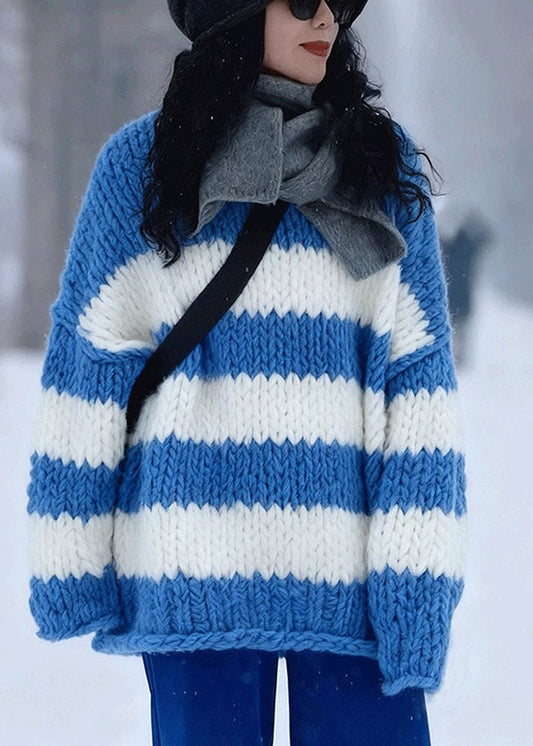 Style Blue O-Neck Cozy Striped Cotton Knit Sweater Long Sleeve