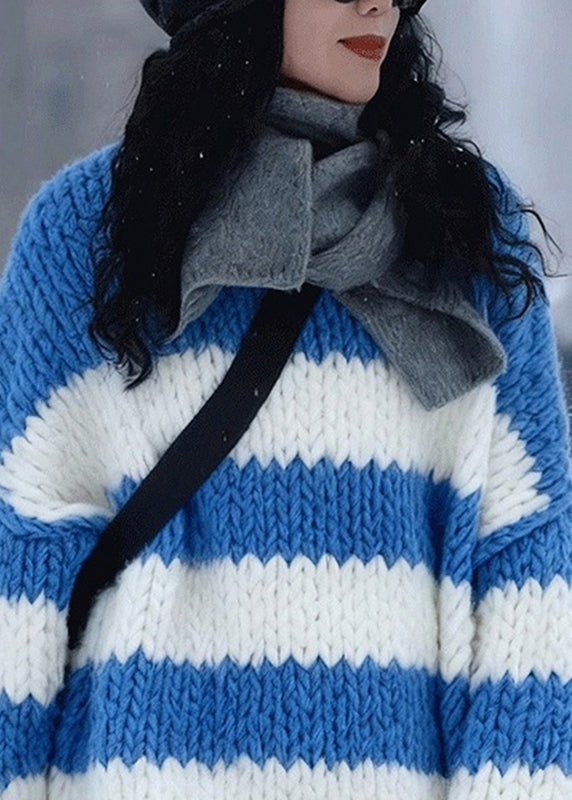 Style Blue O-Neck Cozy Striped Cotton Knit Sweater Long Sleeve