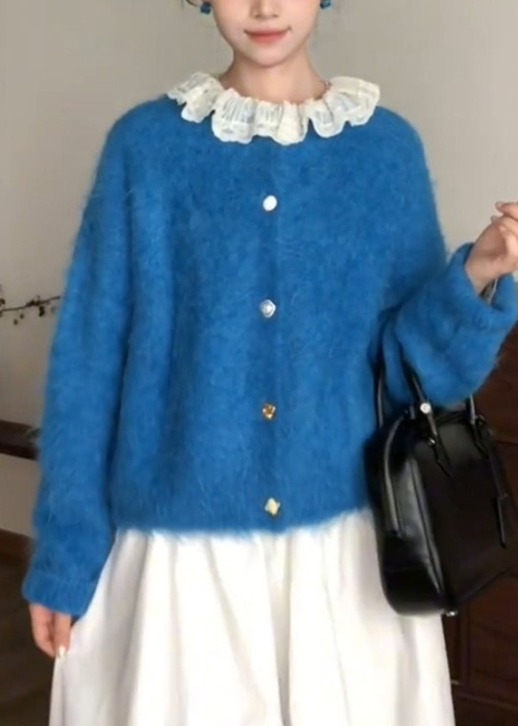 Style Blue O-Neck Patchwork Button Ma Hai Mao Cotton Knit Cardigans Spring