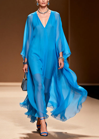 Style Blue Oversized Draping Chiffon Maxi Dress Summer
