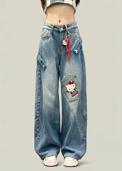 Style Blue Patchwork Kitty Cat Denim Straight Pants Spring