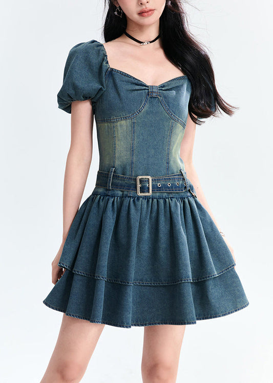 Style Blue Patchwork Sashes Denim Mid Dress Summer