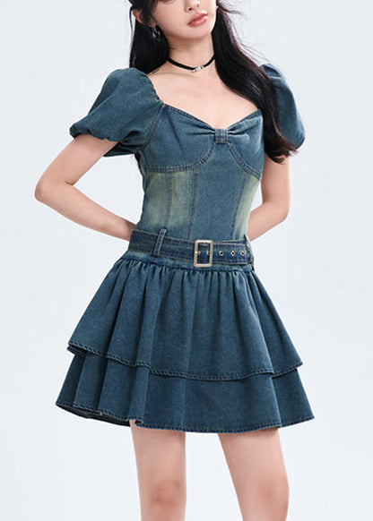 Style Blue Patchwork Sashes Denim Mid Dress Summer