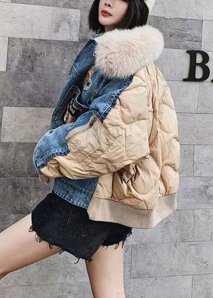 Style Blue Peter Pan Collar Denim Patchwork Fine Cotton Filled Jackets Winter