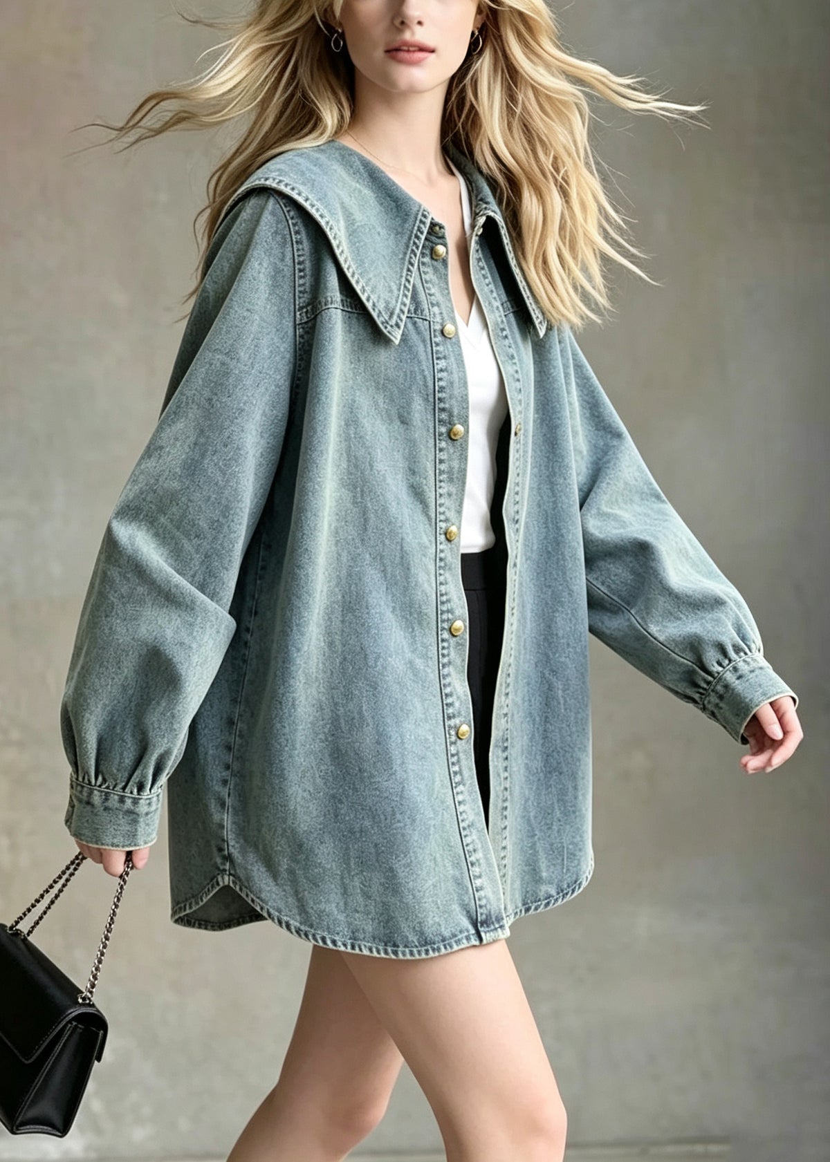 Style Blue Peter Pan Collar Patchwork Denim Shirts Coats Fall