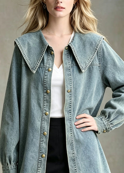 Style Blue Peter Pan Collar Patchwork Denim Shirts Coats Fall