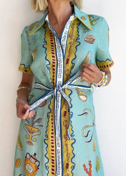 Style Blue Peter Pan Collar Print Lace Up Cotton Shirts Dress Summer