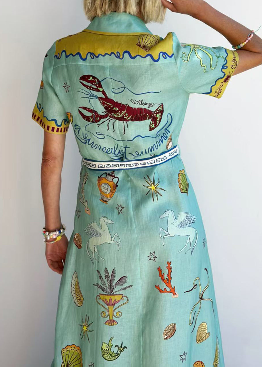 Style Blue Peter Pan Collar Print Lace Up Cotton Shirts Dress Summer