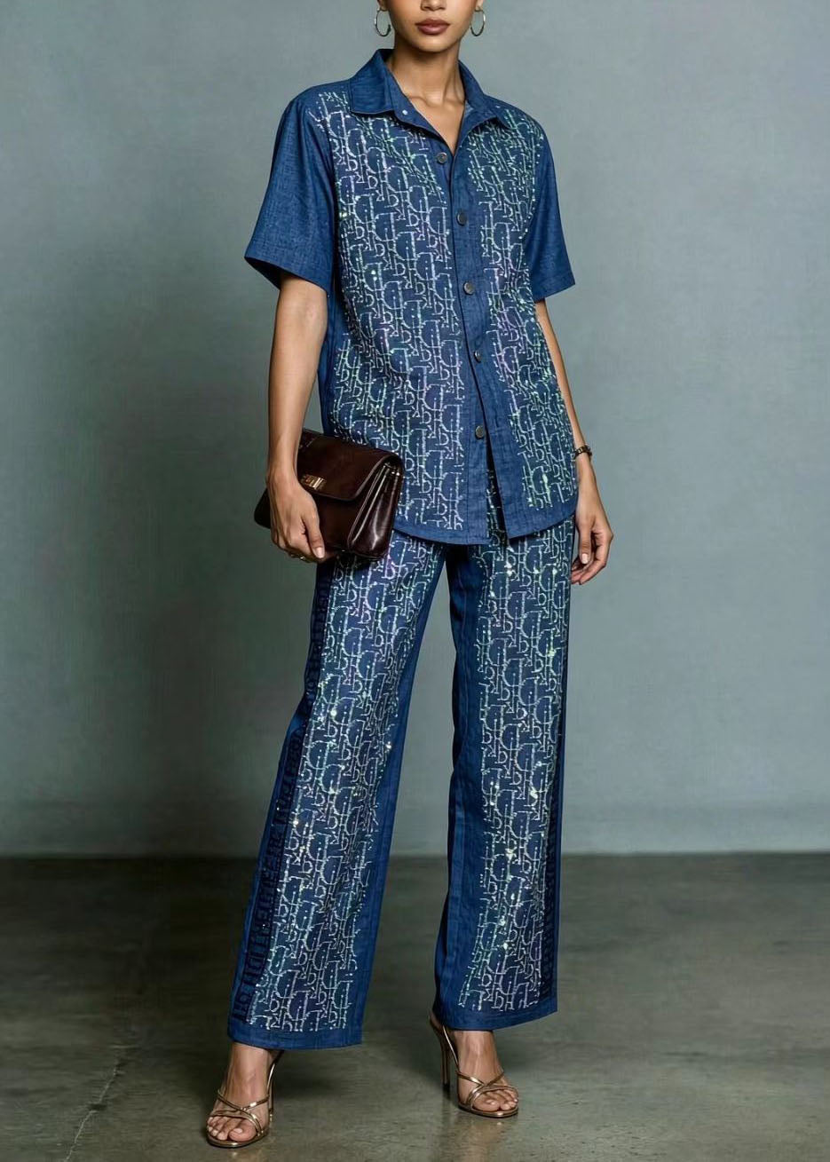 Style Blue Peter Pan Collar Top And Pants Zircon Denim Two Pieces Set Summer
