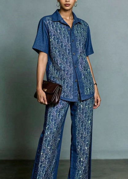 Style Blue Peter Pan Collar Top And Pants Zircon Denim Two Pieces Set Summer