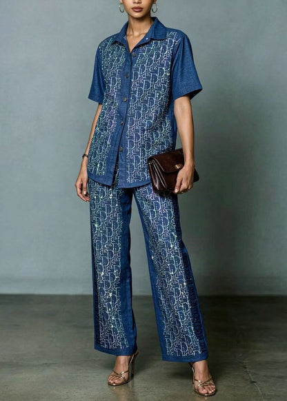 Style Blue Peter Pan Collar Top And Pants Zircon Denim Two Pieces Set Summer
