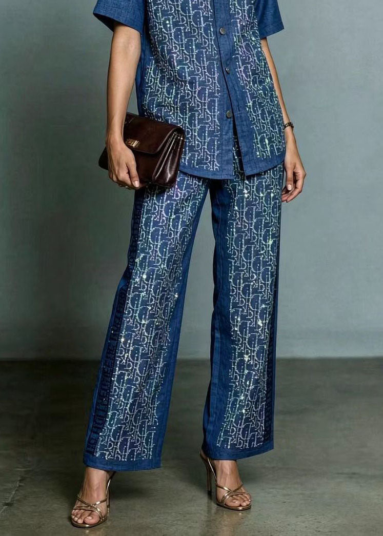 Style Blue Peter Pan Collar Top And Pants Zircon Denim Two Pieces Set Summer