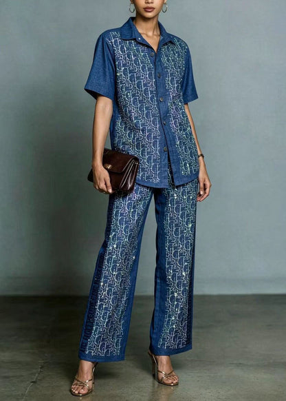 Style Blue Peter Pan Collar Top And Pants Zircon Denim Two Pieces Set Summer