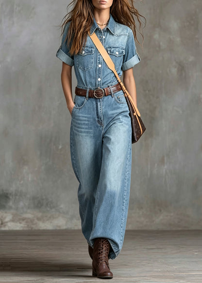 Style Blue Pockets Denim Overalls Jumpsuit Fall