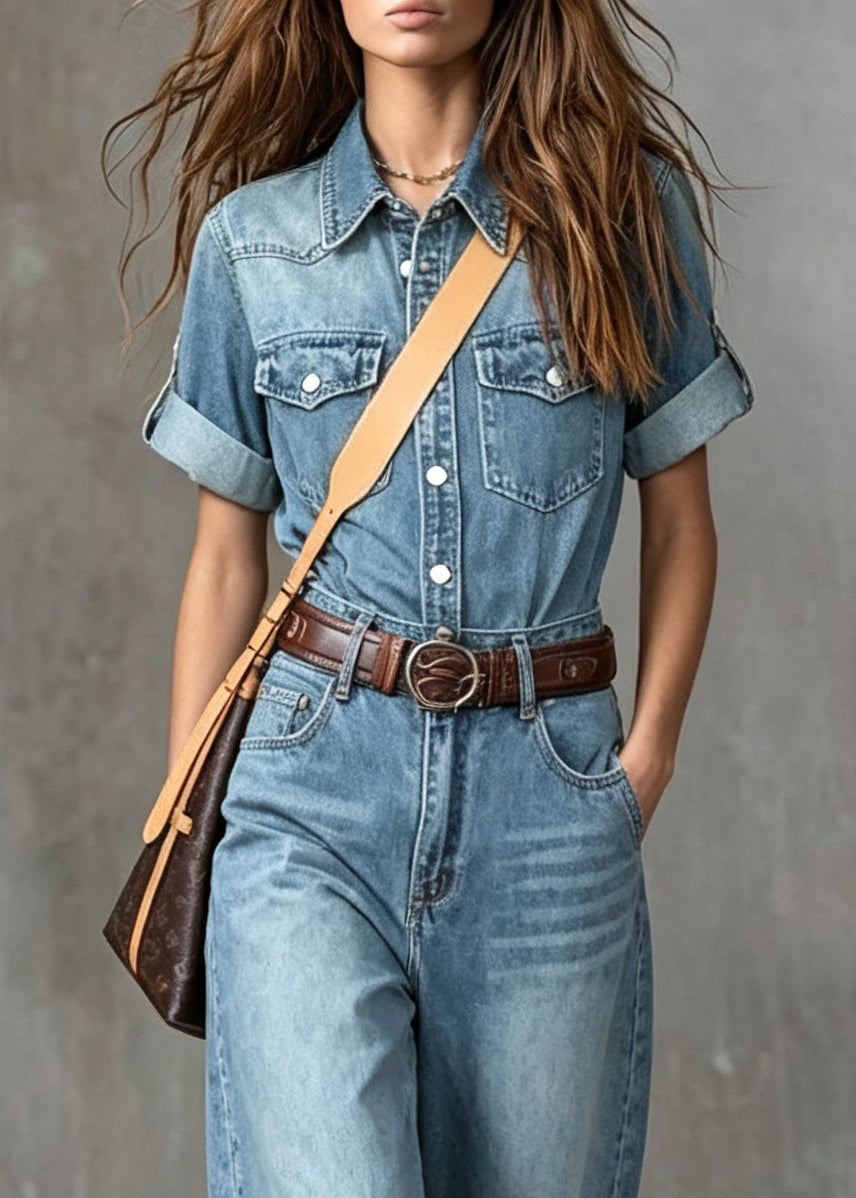 Style Blue Pockets Denim Overalls Jumpsuit Fall