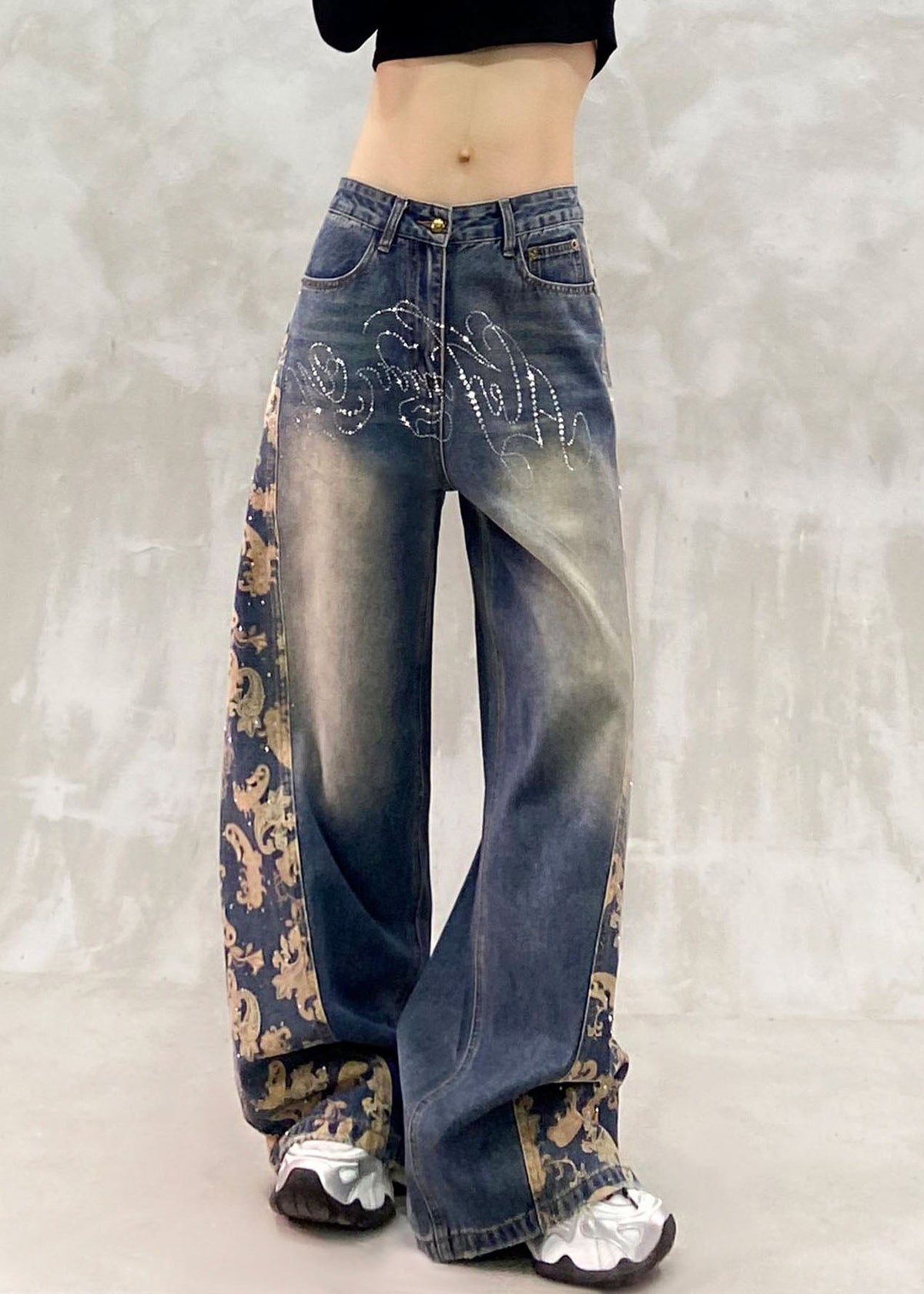 Style Blue Pockets Patchwork Zircon Straight Jeans Fall