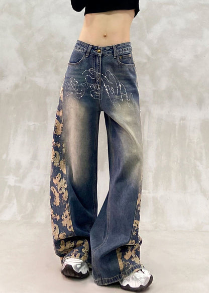 Style Blue Pockets Patchwork Zircon Straight Jeans Fall