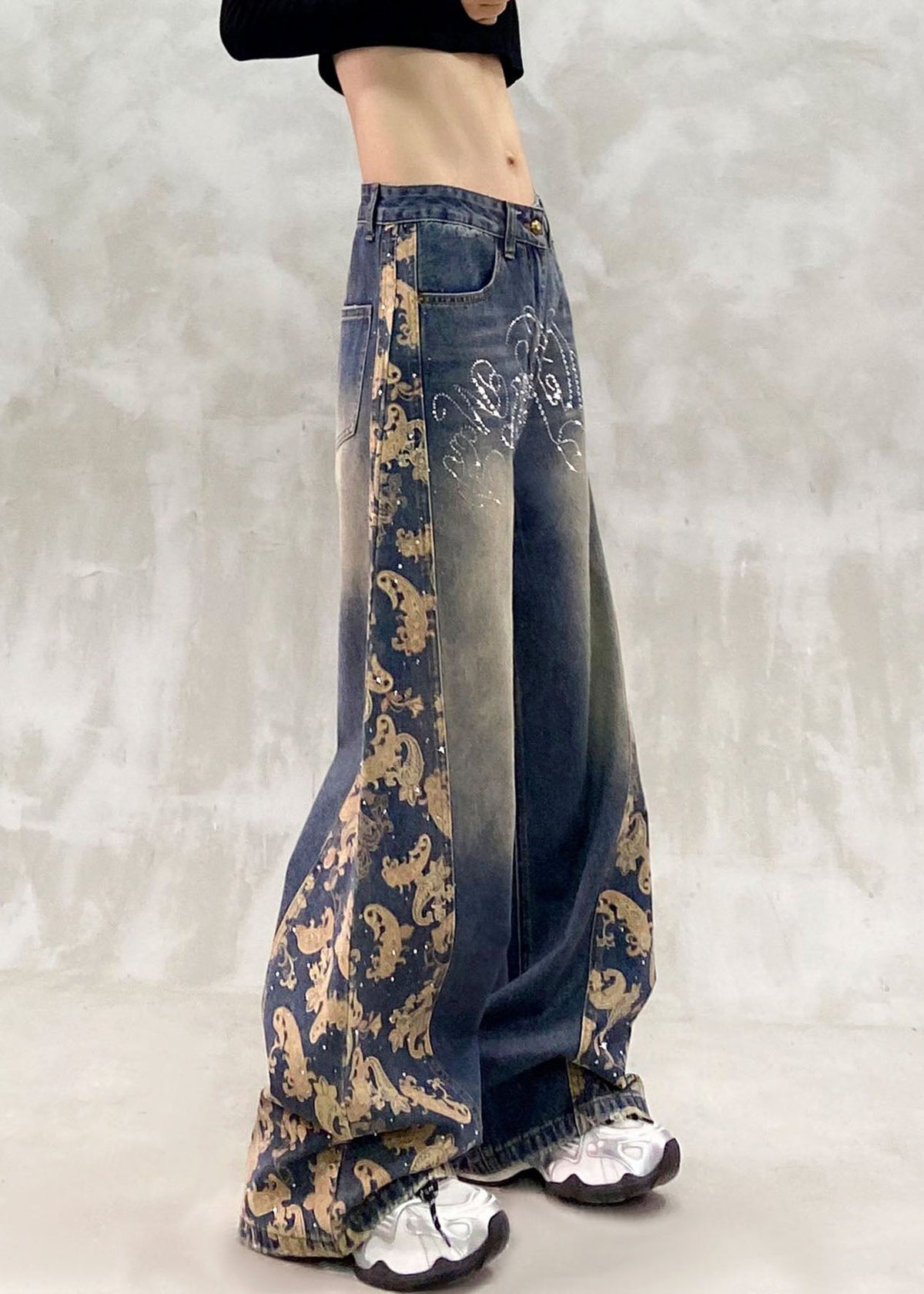 Style Blue Pockets Patchwork Zircon Straight Jeans Fall