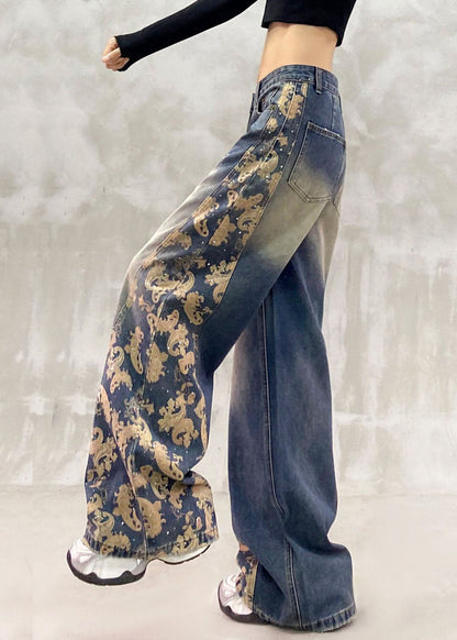 Style Blue Pockets Patchwork Zircon Straight Jeans Fall