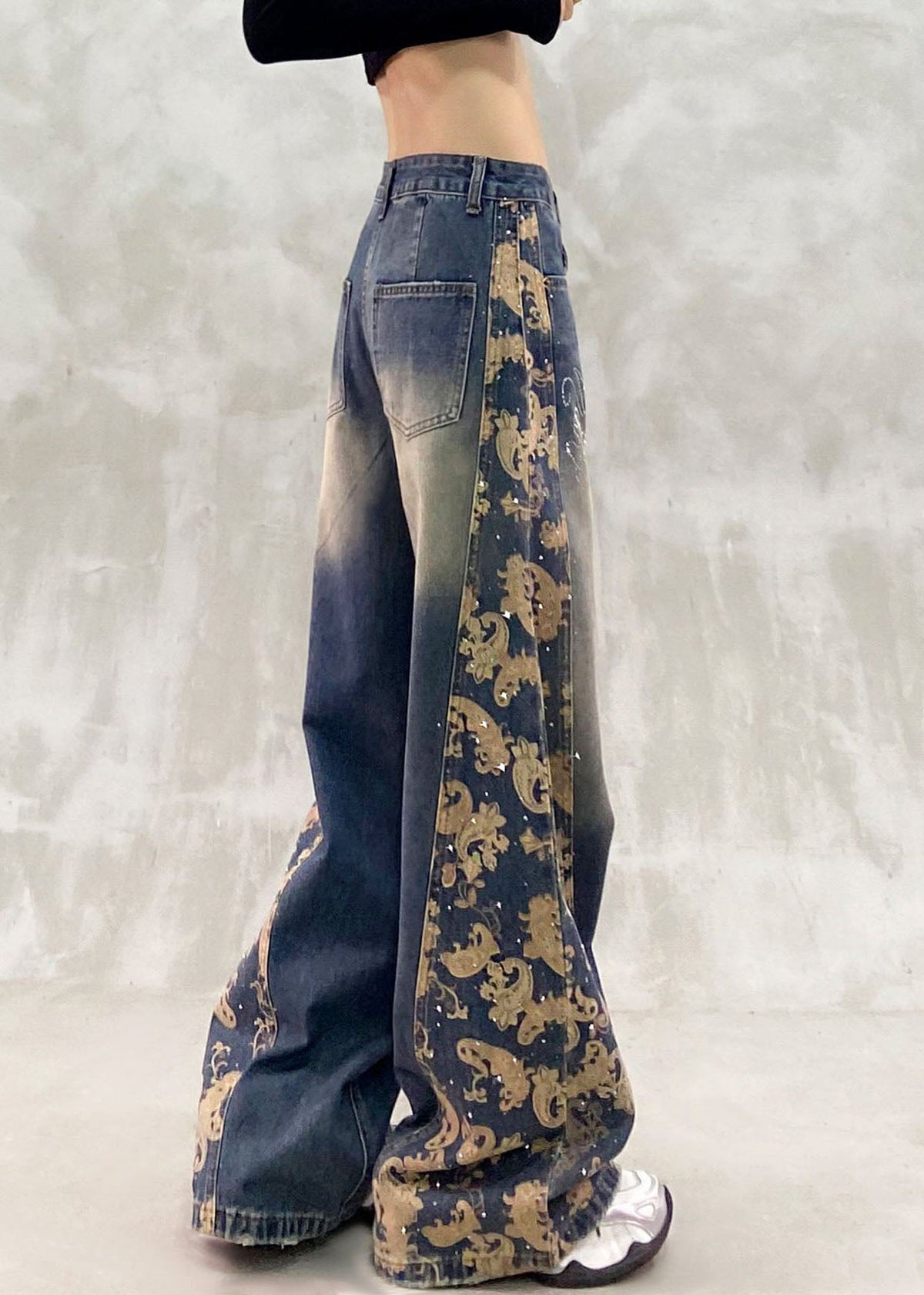 Style Blue Pockets Patchwork Zircon Straight Jeans Fall