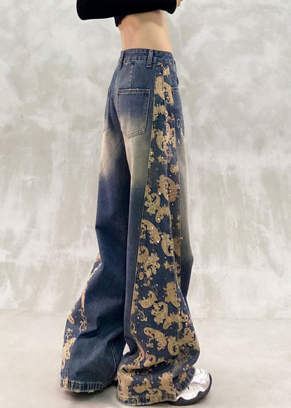 Style Blue Pockets Patchwork Zircon Straight Jeans Fall