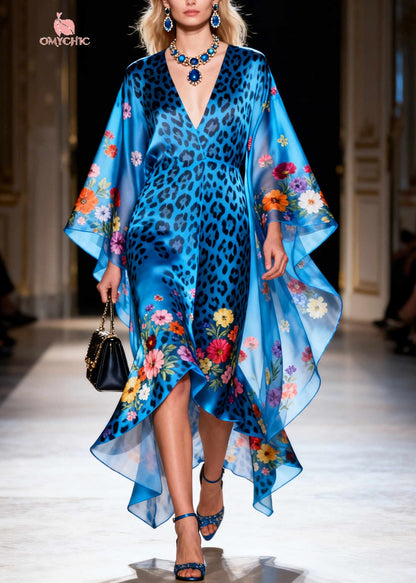 Style Blue Print Asymmetrical Design Silk Vacation Dresses Summer